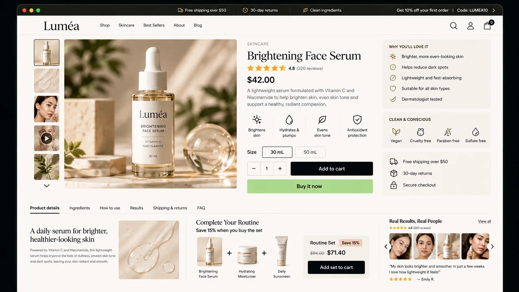 An example product page with reviews and purchase-confidence details near the buy button